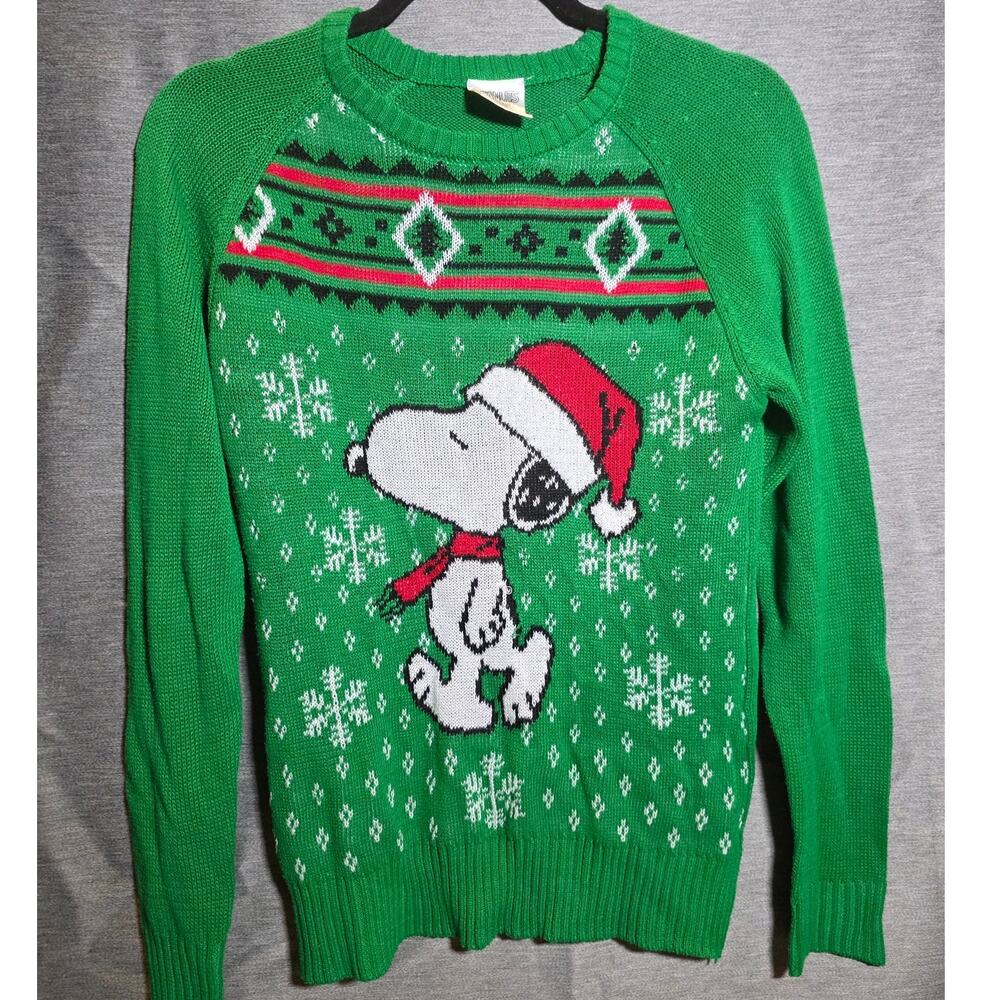 Peanuts Christmas Knit Sweater Green Snoopy Charlie Brown Size XS Snowflakes